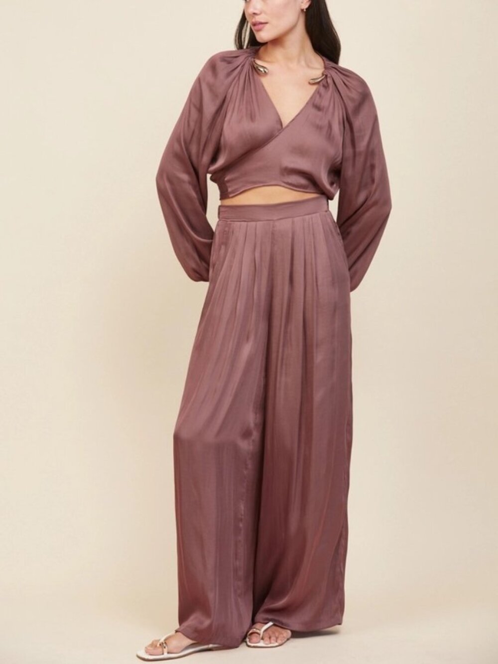 2PC SET- Hardware Neck Wrap Crop Satin Blouse W/Satin Pleated Wide Pants